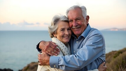 Fototapeta premium An elderly couple - a man and a woman with gray hair embrace against a seascape background. Generated AI
