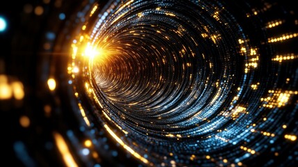 Abstract Golden and Blue Light Tunnel - Digital Vortex Background