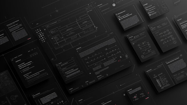 Software development workflow revealing diagrams, code snippets, and technical documentation sprawling across dark workspace surface