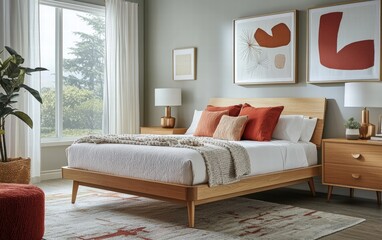 Chic modern bedroom featuring a low-profile bed, light wood furniture, and subtle pops of color
