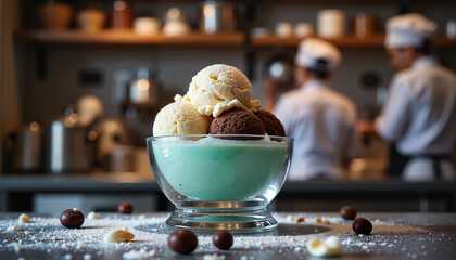 Artisan ice cream in glass dome at gourmet kitchen.
