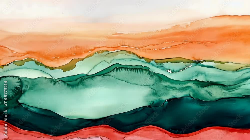 Poster abstract landscape with vibrant colors depicting rolling hills and layered textures in a harmonious 