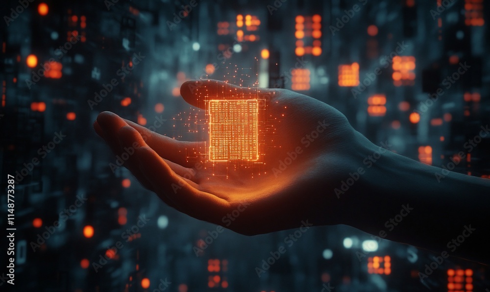 Poster a hand holding a glowing digital cube amidst a backdrop of data streams.