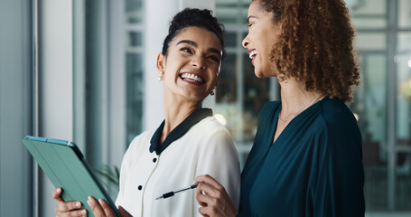 Women, tablet and team on finance in workplace, budget plan and online for economy research....
