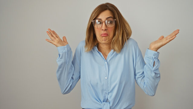 Woman shrugging with confused expression, wearing glasses, blue shirt, isolated over white wall, young and attractive, conveying uncertainty or indifference, adult female with blonde hair