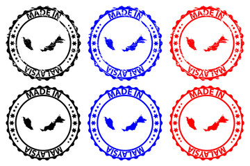 Obraz premium Made in Malaysia - rubber stamp - vector, Malaysia map pattern - black, blue and red