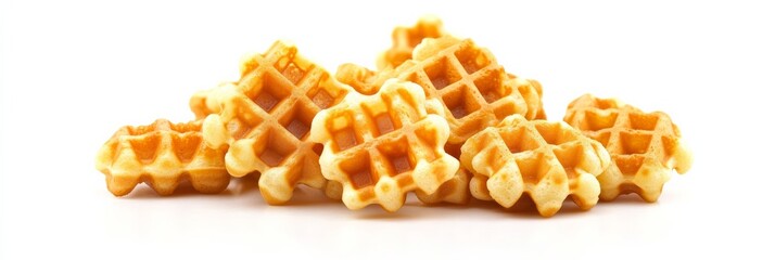 A cluster of mini waffles with intricate details and golden hues, isolated against a white background