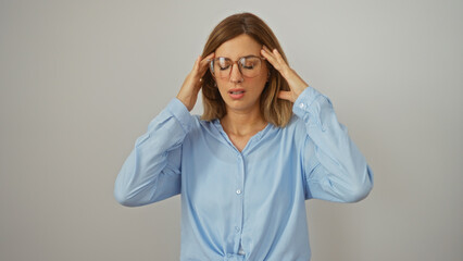 Woman feeling stressed with headache isolated over white background