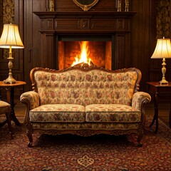"A vintage-inspired living room with a cozy floral patterned sofa positioned in front of a crackling fireplace, illuminated by warm lamplight."
