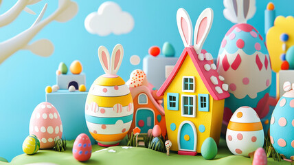A whimsical cartoon bunny village featuring colorful houses shaped like Easter eggs, adorned with tiny candy decorations, creating an adorable and playful atmosphere.