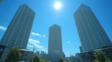 Fototapeta premium Three modern high-rise buildings under a bright sun.