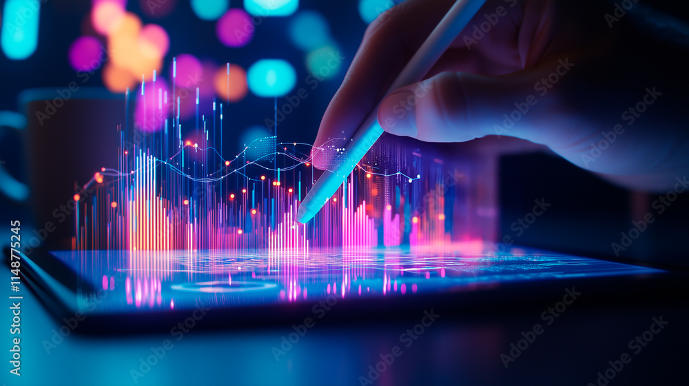 Poster hand using stylus on tablet with holographic data interface