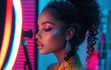 Fototapeta premium A beauty influencer with a colorful makeup palette and ring light setup