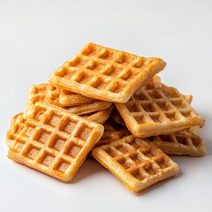 A pile of miniature square waffles with intricate texture and golden-brown color, isolated on a white surface
