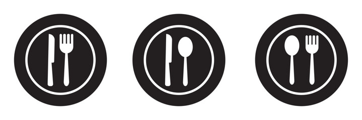 Fork, spoon, and plate icon. Cutlery icon set in line and flat style. Dinnerware icon symbol. Restaurant sign and symbol. Vector illustration