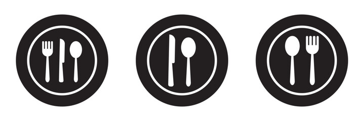 Fork, knife, plate and spoon. Menu symbol. Restaurant icon. Food, plate, fork, knife, spoon, cutlery icon set. Vector