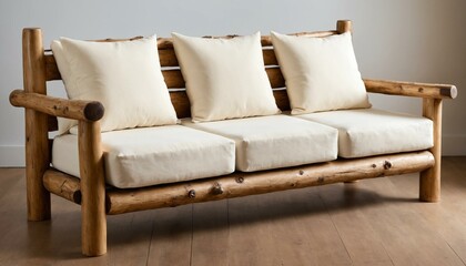 "A rustic log sofa with a simple, handcrafted design featuring thick, unpolished logs for the frame and comfortable white cushions."
