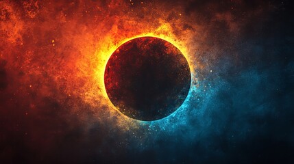 Obraz premium Abstract grainy background glowing color gradient blue orange red vibrant circle ring frame noise texture black banner, poster design, Generative AI