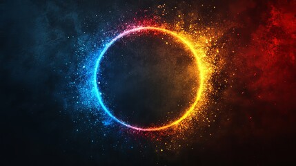 Abstract grainy background glowing color gradient blue orange red vibrant circle ring frame noise texture black banner, poster design, Generative AI