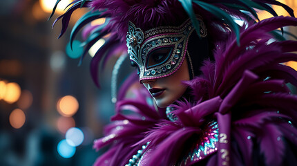  person wearing a purple masquerade mask and feathers