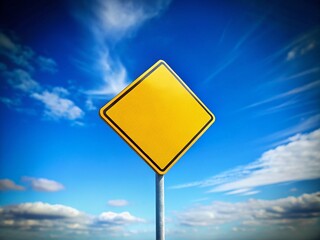 Blank Yellow Road Sign, Blue Sky, Tilt-Shift Miniature Photography