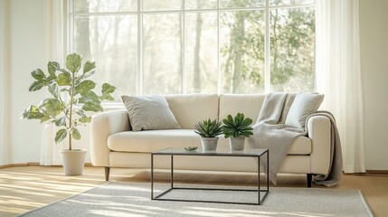 Cozy living room boasts white sofa with light gray cushions, blankets. Plants, natural light create serene atmosphere. Glass coffee table sits in front of sofa. Sunlight streams through large