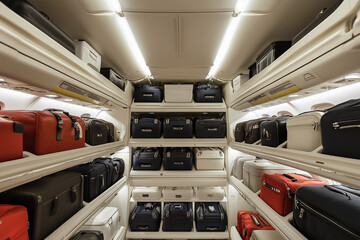Obraz premium Organized airplane luggage compartments with colorful bags