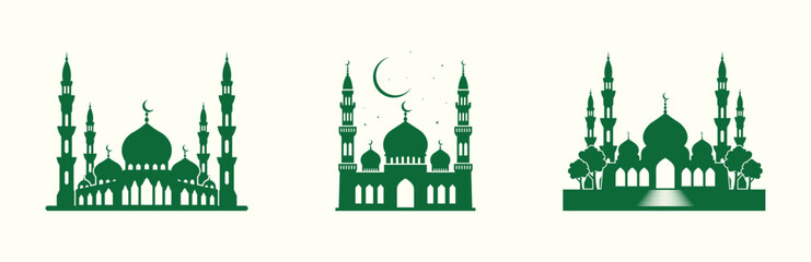 Elegant mosque silhouette set capturing the spirit of Eid, perfect for festive designs, decorations, and Islamic-themed artwork.