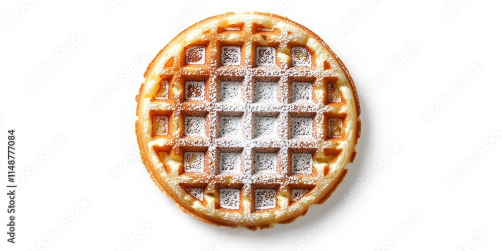 Poster a single circular waffle with powdered sugar dusted on its surface, isolated on a white background