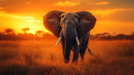 Obraz premium Majestic Elephant Silhouetted Against a Fiery Sunset