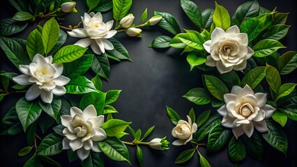 Blooming Gardenia and Jasmine Flowers with Lush Leaves on Dark Background - Border Design