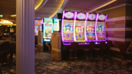 Blurred slot machines with colorful lights and defocused background in a las vegas casino at night indoors. © Krakenimages.com