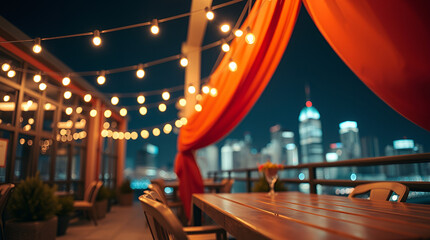 Outdoor patio at night, with string lights, orange drapes, and city skyline visible in the background. A wooden table and chairs are present