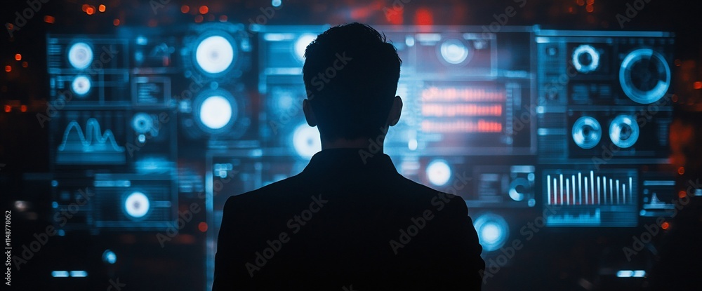 Aufkleber a person analyzing data on a futuristic interface with glowing graphics.