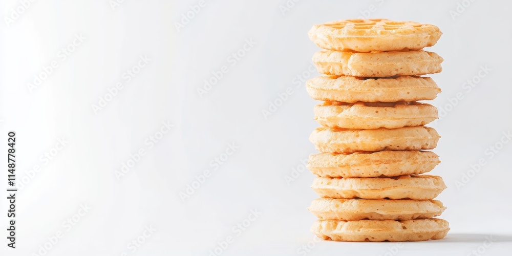 Poster a stack of fluffy circular waffles arranged in ascending size, isolated against a clean white backgr