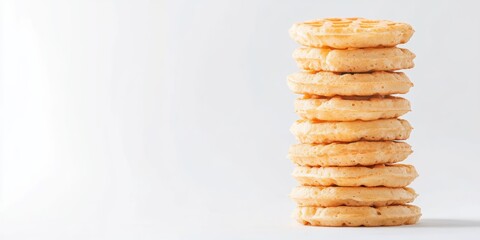 A stack of fluffy circular waffles arranged in ascending size, isolated against a clean white background