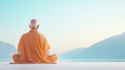 Fototapeta premium Serene Meditation by the Riverside Sage Reading Sacred Texts Under a Pastel Sky
