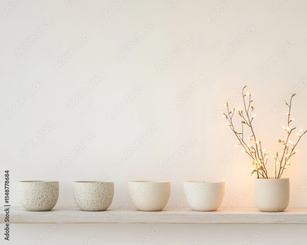 Poster Minimalist Display of Handcrafted Ceramics with Ambient Lighting in Soft Pastel Setting