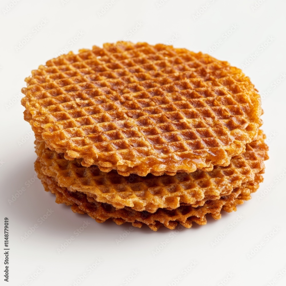 Poster a thin crispy stroopwafel with visible caramel layers, isolated on a pristine white backdrop, showca