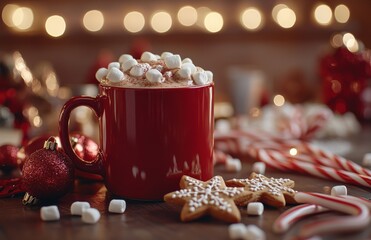 Warm and cozy holiday scene with a red mug filled with hot chocolate topped with marshmallows, surrounded by gingerbread cookies and candy canes on a wooden table.