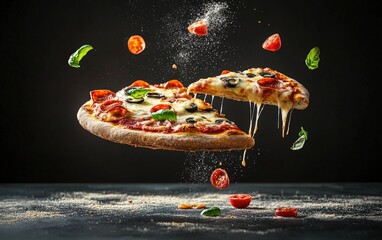 A full pizza pie flying with slices gracefully separating in mid-motion