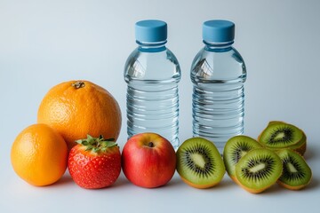 Fresh fruits and water bottles arranged neatly, symbolizing health, hydration, and wellness, perfect for healthy living and balanced diet concepts.