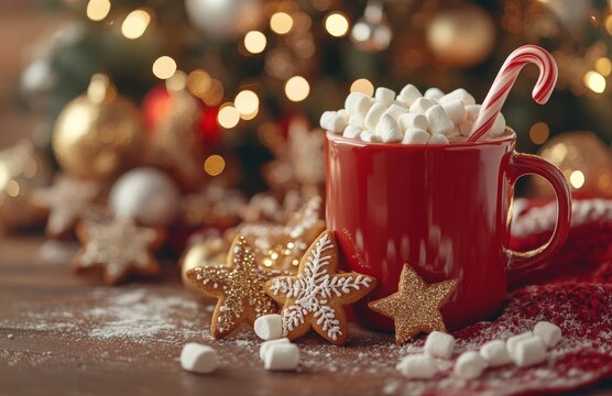 Festive red mug filled with cozy hot chocolate topped with marshmallows, garnished with a candy cane, surrounded by Christmas decorations and cookies, capturing the spirit of holiday warmth and joy.