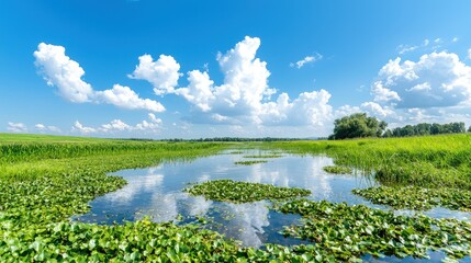 Calm river reflecting sky and clouds amidst lush green vegetation.