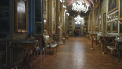 Art gallery with blurred view of opulent hall in galleria doria pamphilj, showcasing ornate decor...