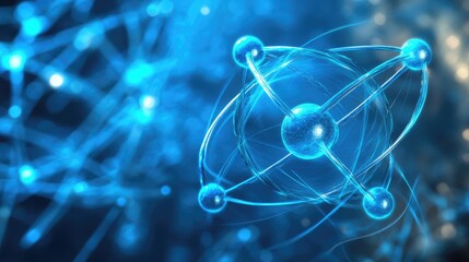 Atom concept in glowing blue tones with dynamic molecular patterns and network connections in 3D space.