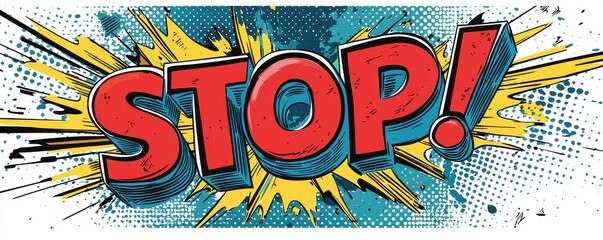 Comic book style illustration with the word 'STOP' in bold letters
