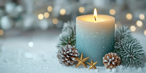 Christmas Candle with natural decoration - Advent - Christmas and New Year Greeting Card, Banner, Panorama, Happy new year