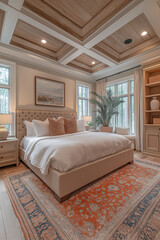 Fototapeta premium Chambre Parentale Luxueuse avec Lit King-Size, Tables de Chevet Élégantes, Dressing Intégré et Éclairage Doux, Ambiance Haut de Gamme et Relaxante