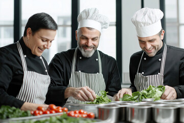 Three chefs happily collaborate in pro kitchen. Wear chef hats, aprons. Prepare ingredients like herbs, vegetables. Likely preparing meal. Expressions, actions indicate friendly working atmosphere.